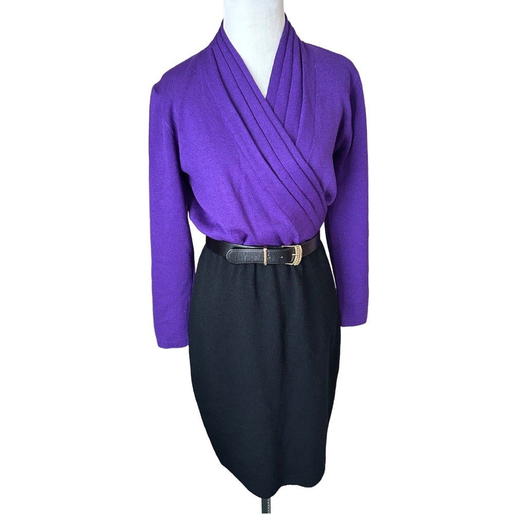 St John vintage knit purple and black belted wrap style dress